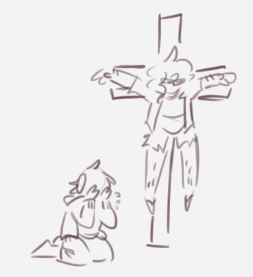 Larry is being crucified on a crucifix. J0hn is on his knees sobbing.